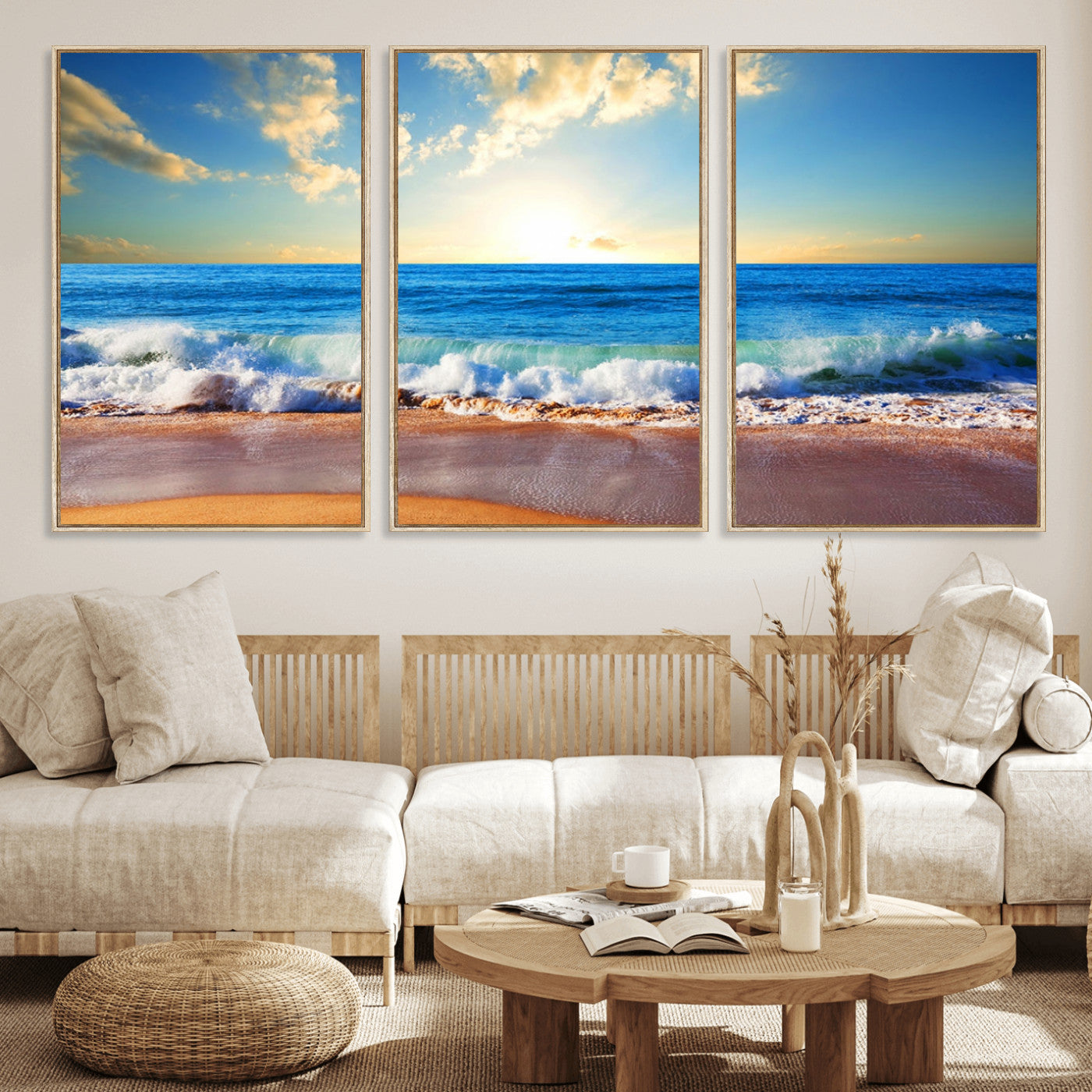 MGV-FC-60X30-3P - Tropical Beach Sunset Canvas Art, Ocean Waves and Sandy Shoreline Wall Art, Large Beach Decor for Coastal Homes
