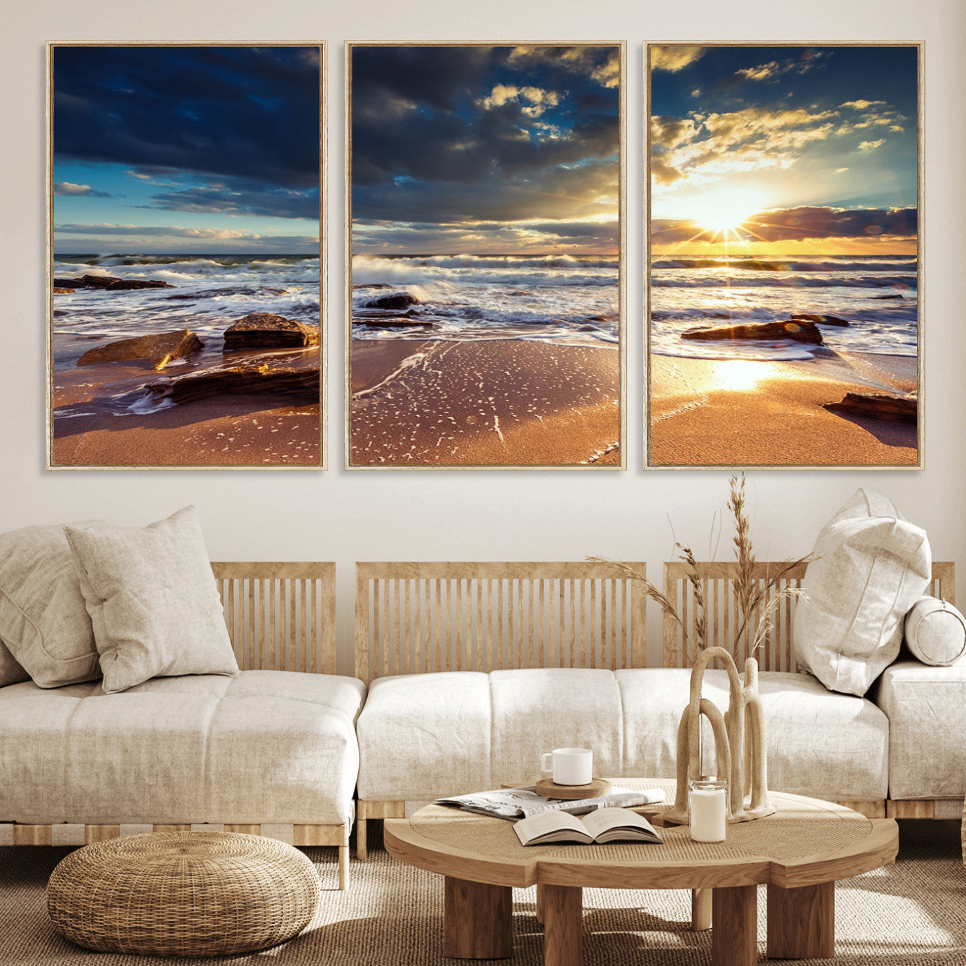 MGV-FC-60X30-3P - Golden Hour Beach Sunset Canvas Triptych, Ocean Waves and Rocks Wall Art for Coastal Home Decor