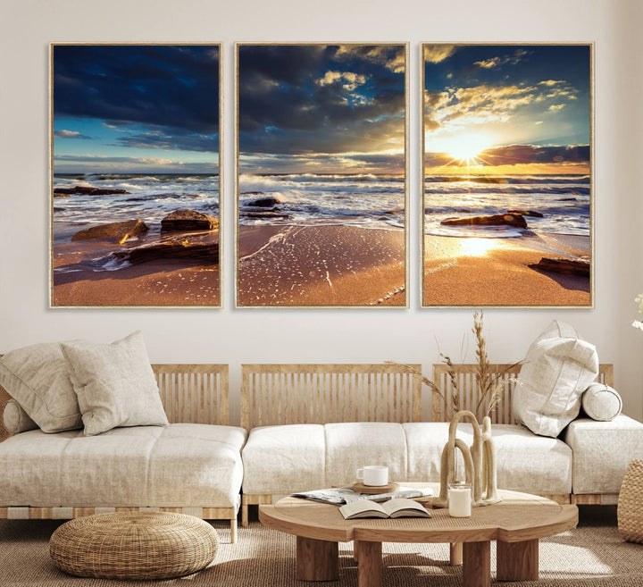 The Golden Hour Beach Sunset triptych adorns the wall with its captivating imagery.