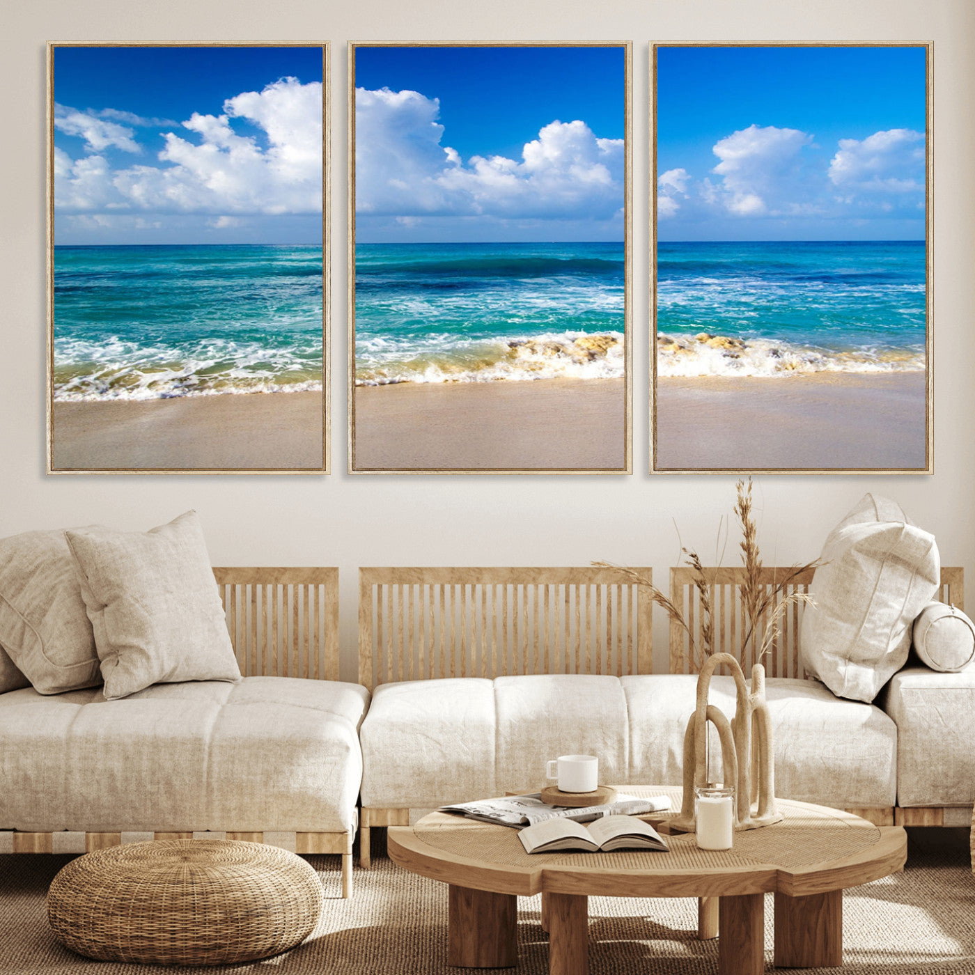 MGV-FC-60X30-3P - Tropical Beach 3-Panel Canvas Wall Art – Serene Ocean Waves and Blue Sky – Giclée Print for Living Room, Office, or Bedroom Coastal Decor