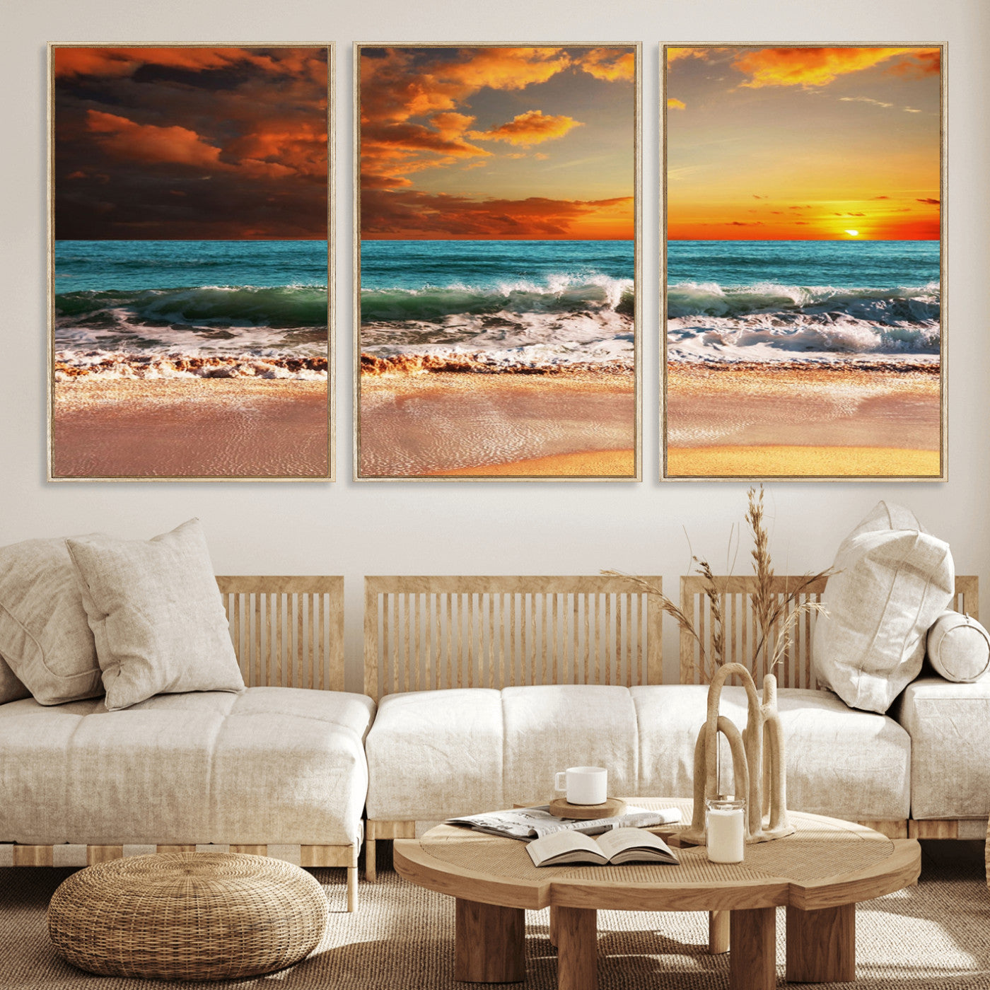 MGV-FC-60X30-3P - Golden Sunset Beach Canvas Wall Art – Triptych Seascape Print – Framed and Ready to Hang for Living Room or Office