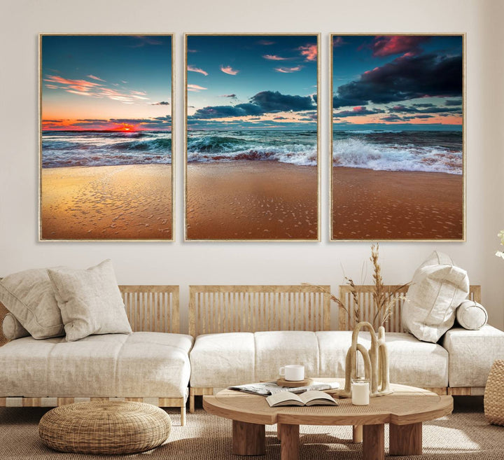 Sunset on Beach Wall Art: Waves under a vibrant sky. Crafted on museum-quality canvas, ready to hang and admire.