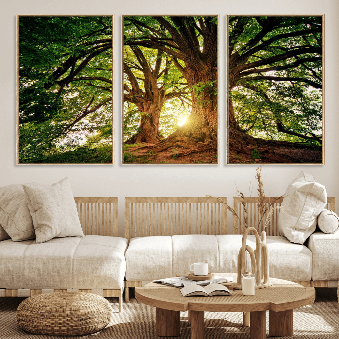 MGV-FC-60X30-3P - Majestic Ancient Tree Wall Art, Nature-Inspired Canvas Print, Woodland Art, Tree of Life Artwork, Sunlit Forest, Giclee Nature Print