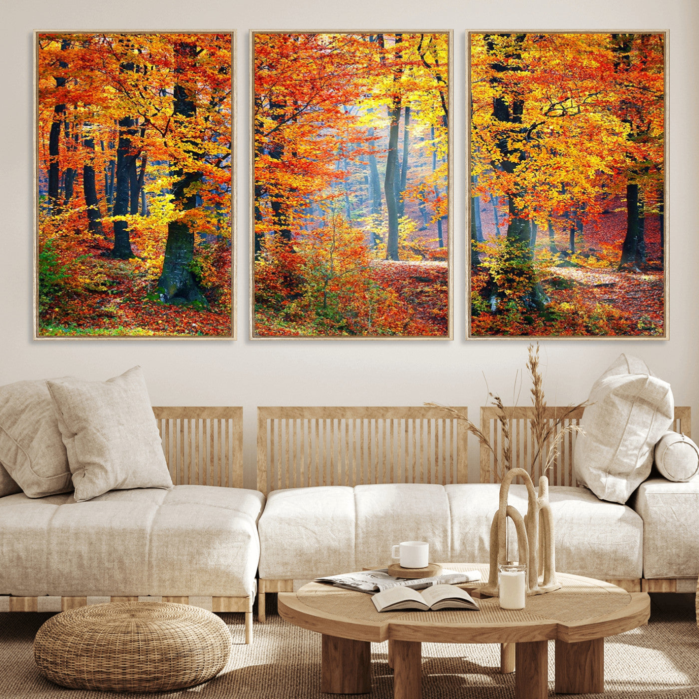 MGV-FC-60X30-3P - Autumn Red Forest Triptych Canvas Wall Art Print, Forest Wall Decor, Fall Landscape Art | Season Nature Landscape for Home or Office
