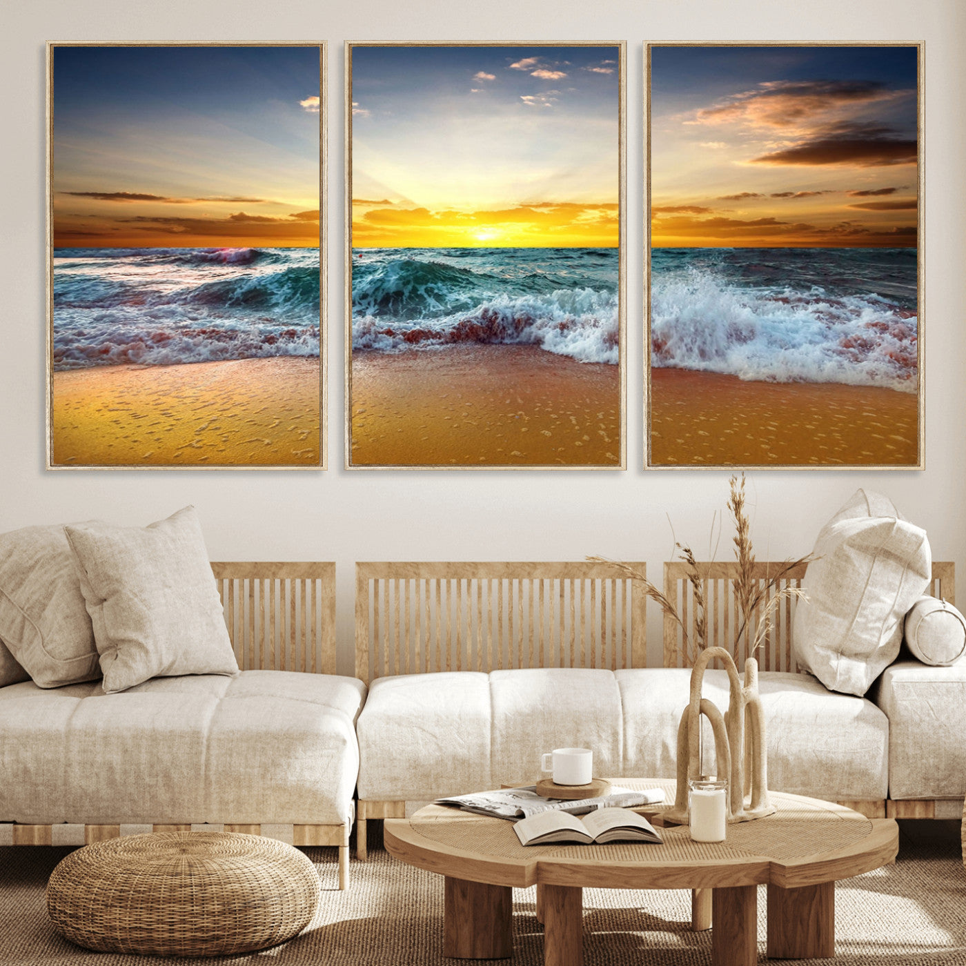 MGV-FC-60X30-3P - Golden Sunset Ocean Waves Wall Art Canvas Print – Multi Panel Beach Canvas Print Set – Large Coastal Triptych Print for Home or Farmhouse Decor