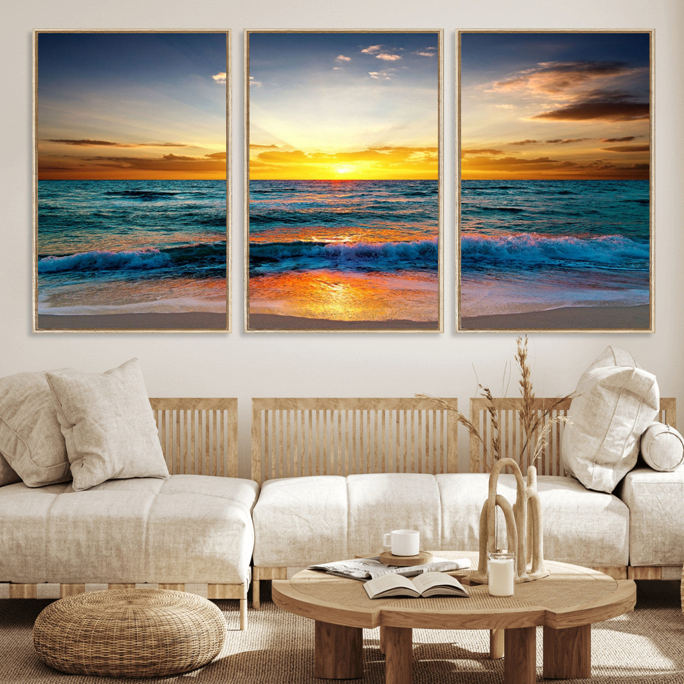 MGV-FC-60X30-3P - Vibrant Ocean Sunrise Over Golden Beach Waves, Giclee Canvas Wall Art Set, High-Quality Stretched Canvas Print, Ready to Hang Coastal Sunset Wall