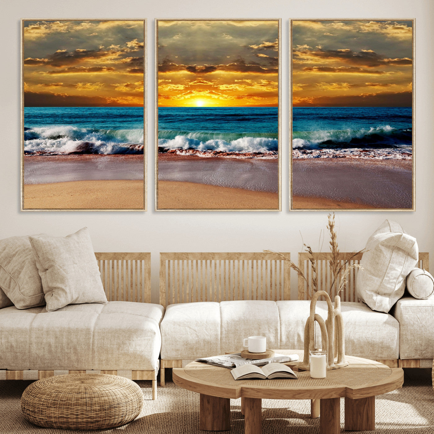 MGV-FC-60X30-3P - Ocean Sunrise Over Golden Beach Waves, Giclee Canvas Wall Art Set, High-Quality Stretched Canvas Print, Ready to Hang Coastal Sunset Wall Decor