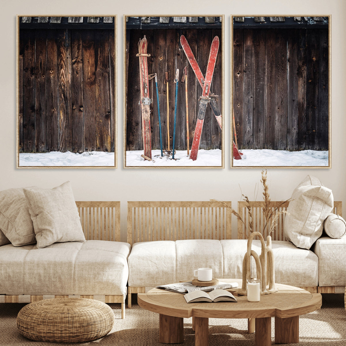 78590-MGV-CV-36X24 - Vintage Ski Gear Canvas Print, Vintage Ski Gear Against Wooden Cabin Wall
