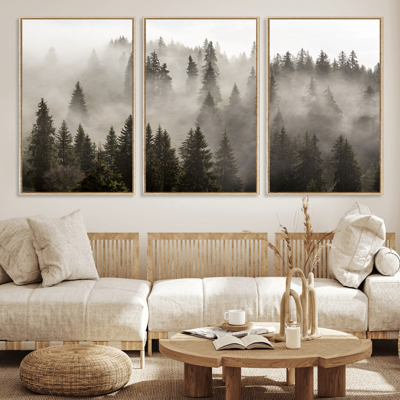 MGV-FC-60X30-3P - Foggy Mountain Wall Art | 3-Panel Foggy Forest and Mountain Landscape | Large Giclee Print for