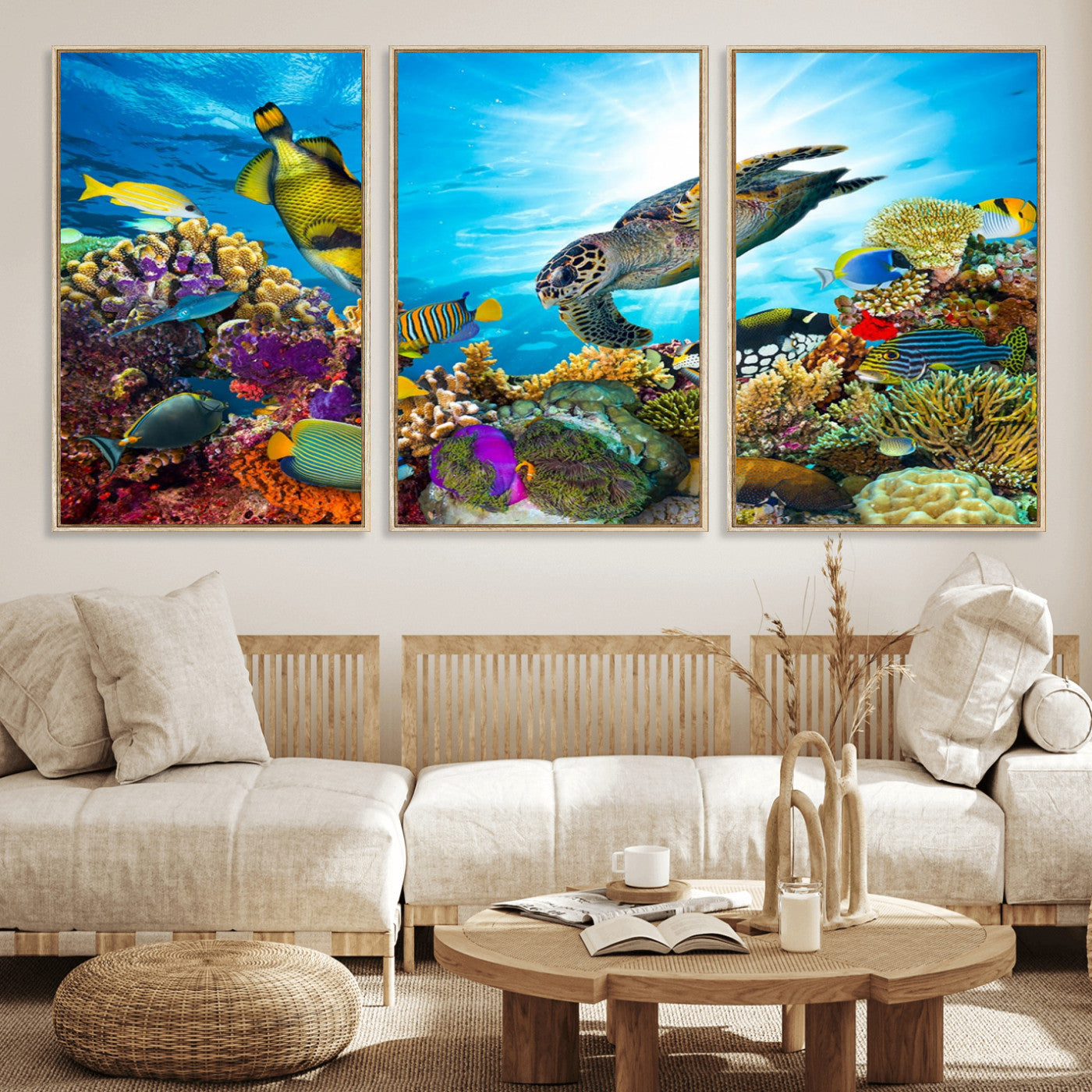 MGV-FC-60X30-3P - Sea Turtle Coral Reef Wall Art Print – Colorful Underwater Canvas Print – Tropical Ocean Marine Life Artwork – Perfect for Coastal Home Decor