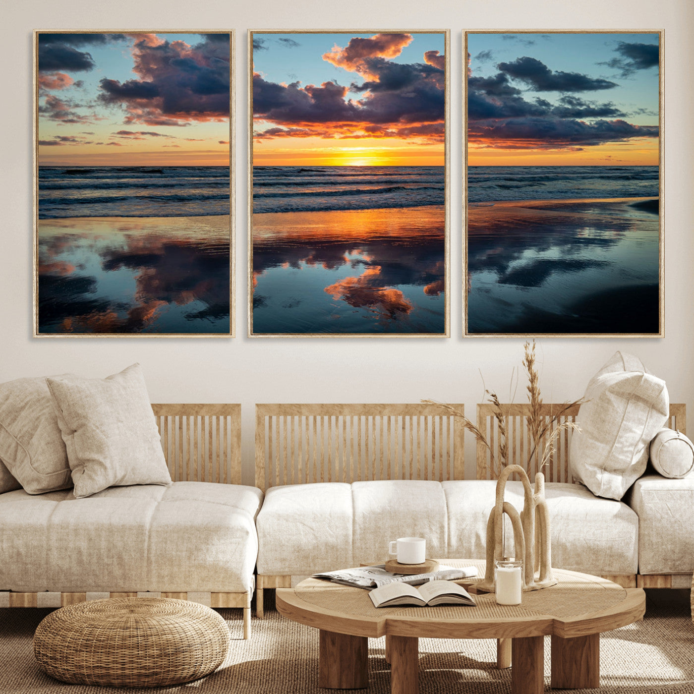 MGV-FC-60X30-3P - Beach Sunset Print - Stunning Ocean Canvas Artwork with Sunset Reflection Design for Elegant Home or