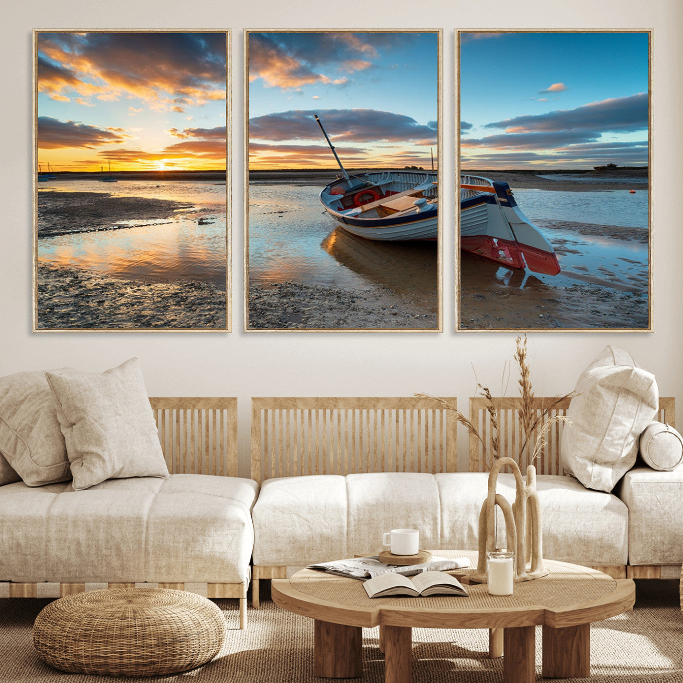 MGV-FC-60X30-3P - Small Boat At The Beach Sunset Wall Art, Boat Sunset Wall Art Canvas Print