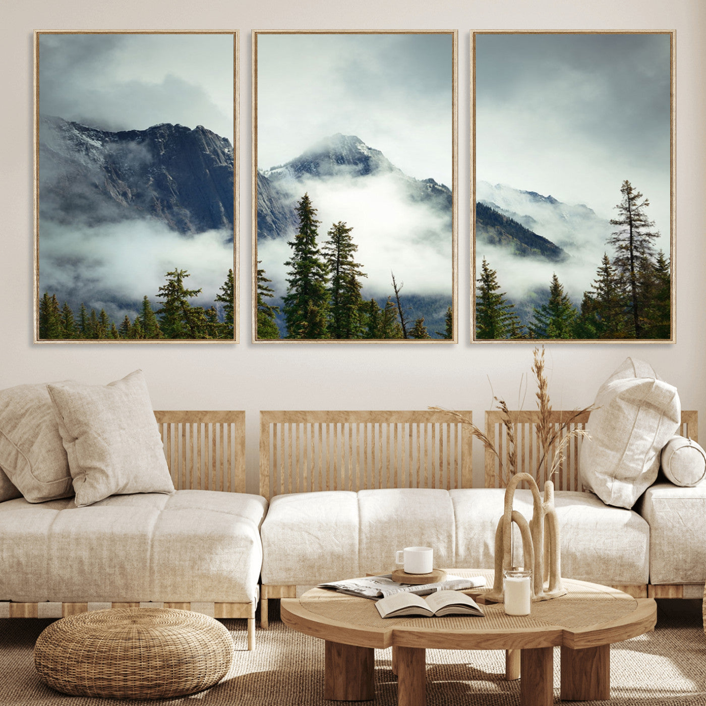 MGV-FC-60X30-3P - Mountain Mist Canvas Wall Art | 3-Panel Foggy Forest and Mountain Landscape | Large Giclee Print for Living Room, Office, or Cabin, Farmhouse Decor
