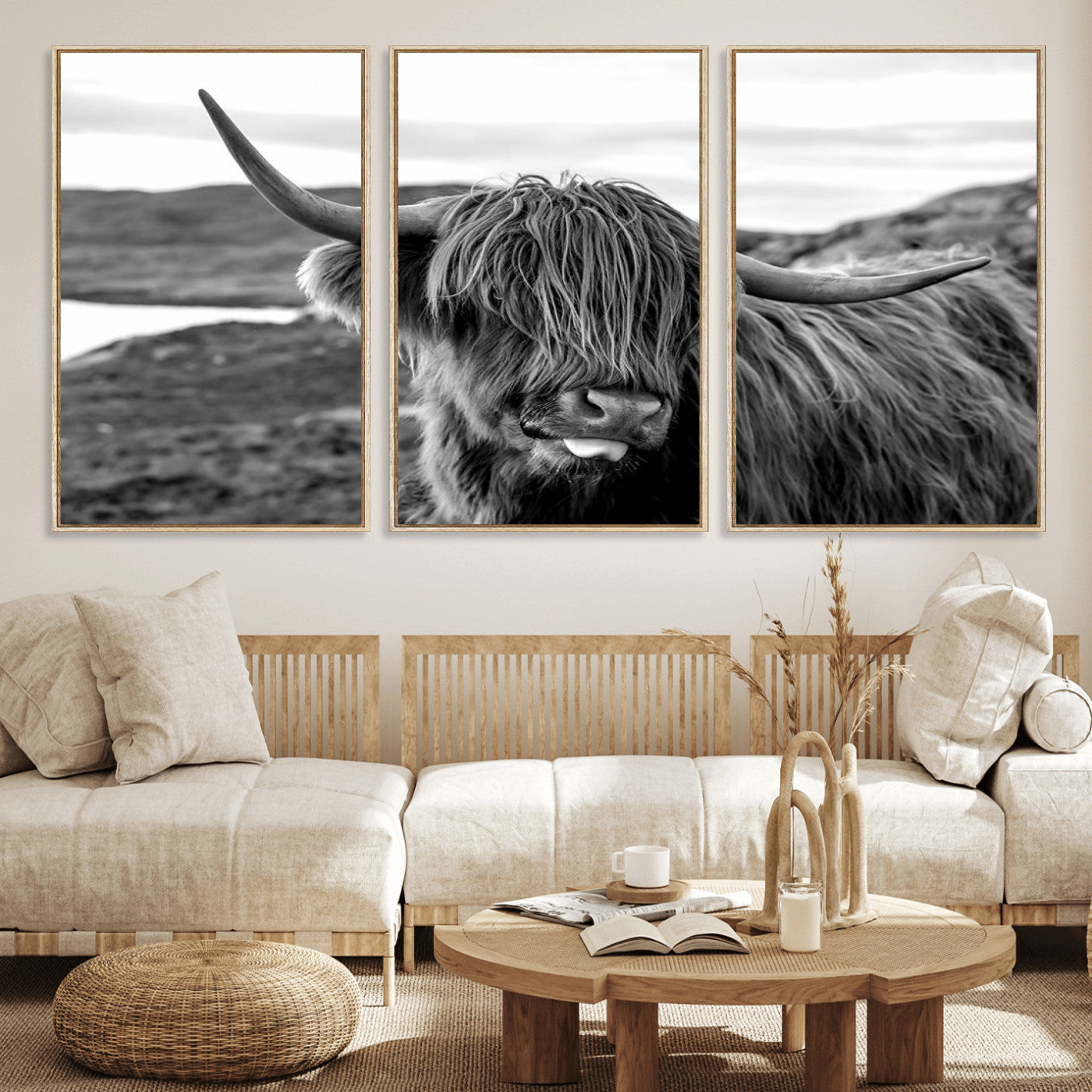 MGV-FC-60X30-3P - Highland Cow Canvas Wall Art – Black and White Animal Portrait – Framed and Ready to Hang Rustic Farmhouse Decor for Living Room or Office