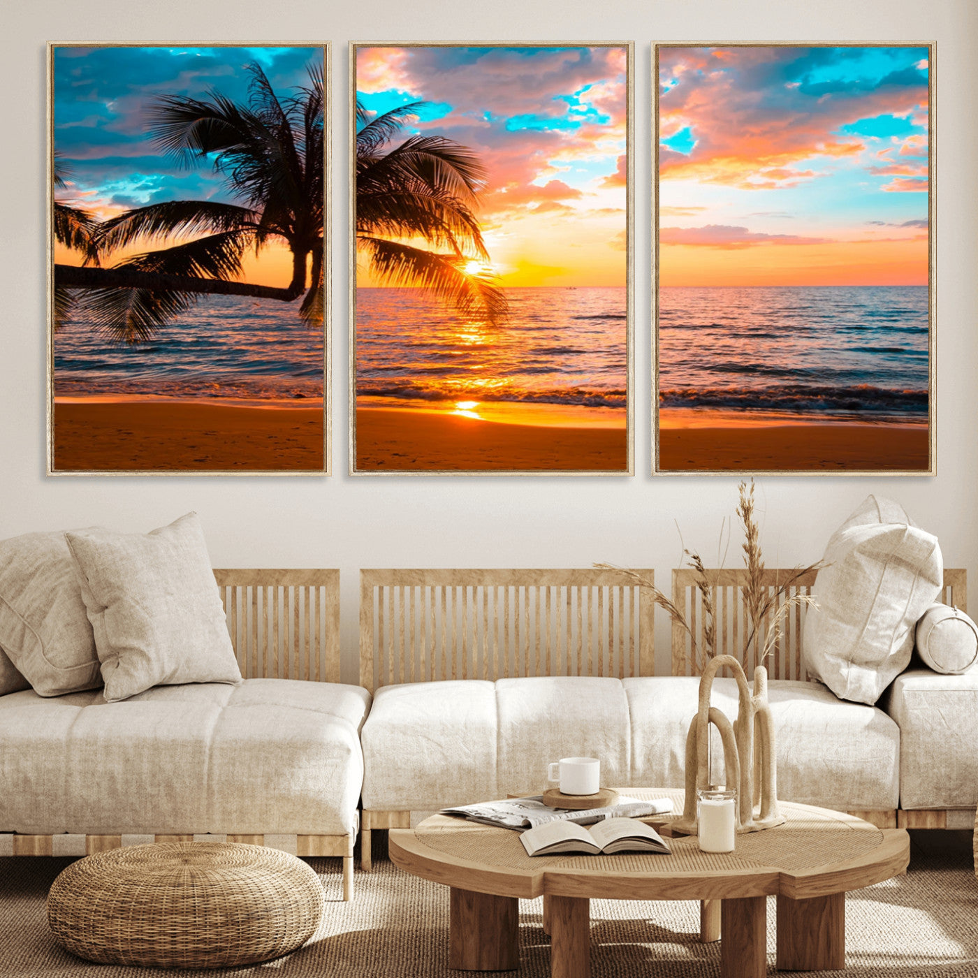 34674-MGV-FC-60X30-3P_Natural-Palm Tree Sunset On The Beach Wall Art Canvas, Framed Palm Tree Sunset Canvas Print