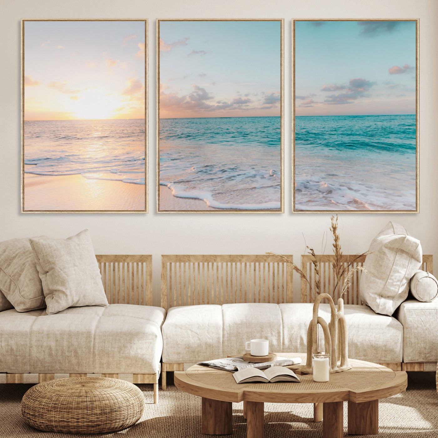 MGV-FC-60X30-3P - Tranquil Ocean Beach Sunset Canvas Wall Art | 3-Panel Coastal Decor