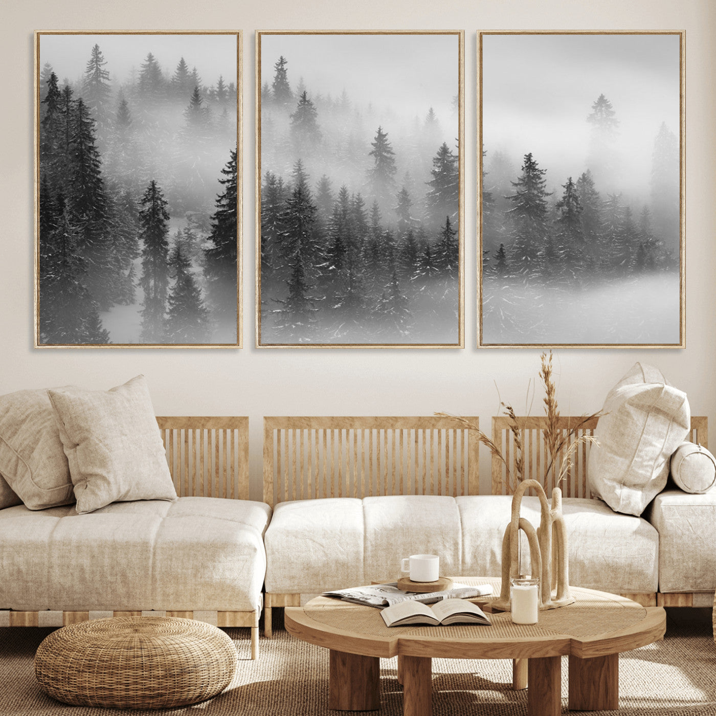 MGV-FC-60X30-3P - Black and White Forest Wall Art Print – Misty Pine Tree Canvas Print – Winter Woodland Nature Artwork – Perfect for Minimalist Home Decor