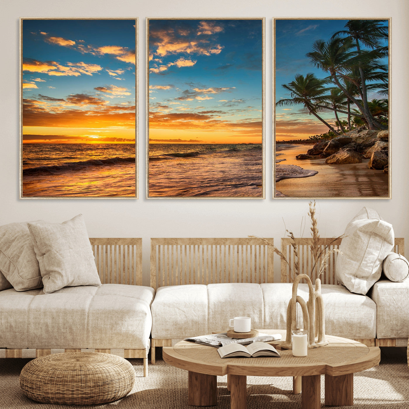 MGV-FC-60X30-3P - Tropical Beach Sunset Wall Art Print – Palm Tree Coastal Canvas Print – Ocean Seascape Artwork – Perfect for Tropical Modern Home Decor