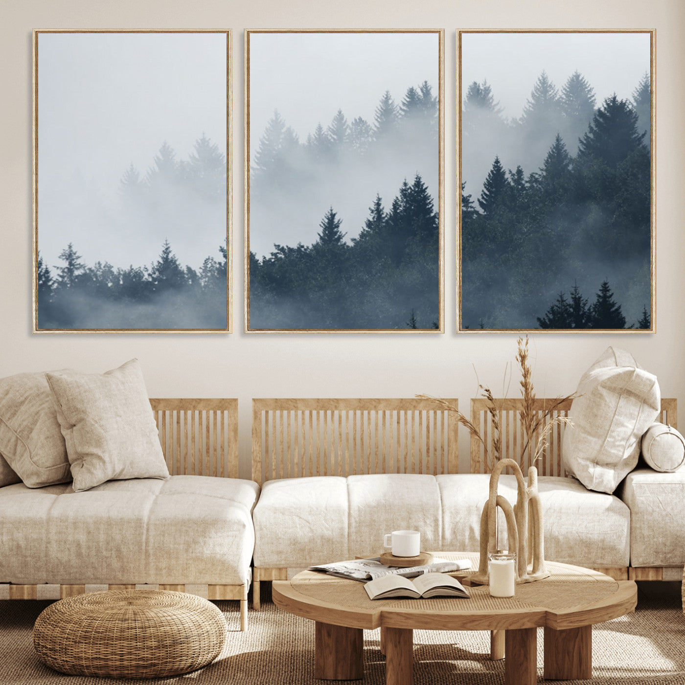 MGV-FC-60X30-3P - Misty Forest Wall Art Print – Foggy Pine Tree Canvas Print – Dark Woodland Nature Artwork – Perfect for Minimalist and Modern Home Decor