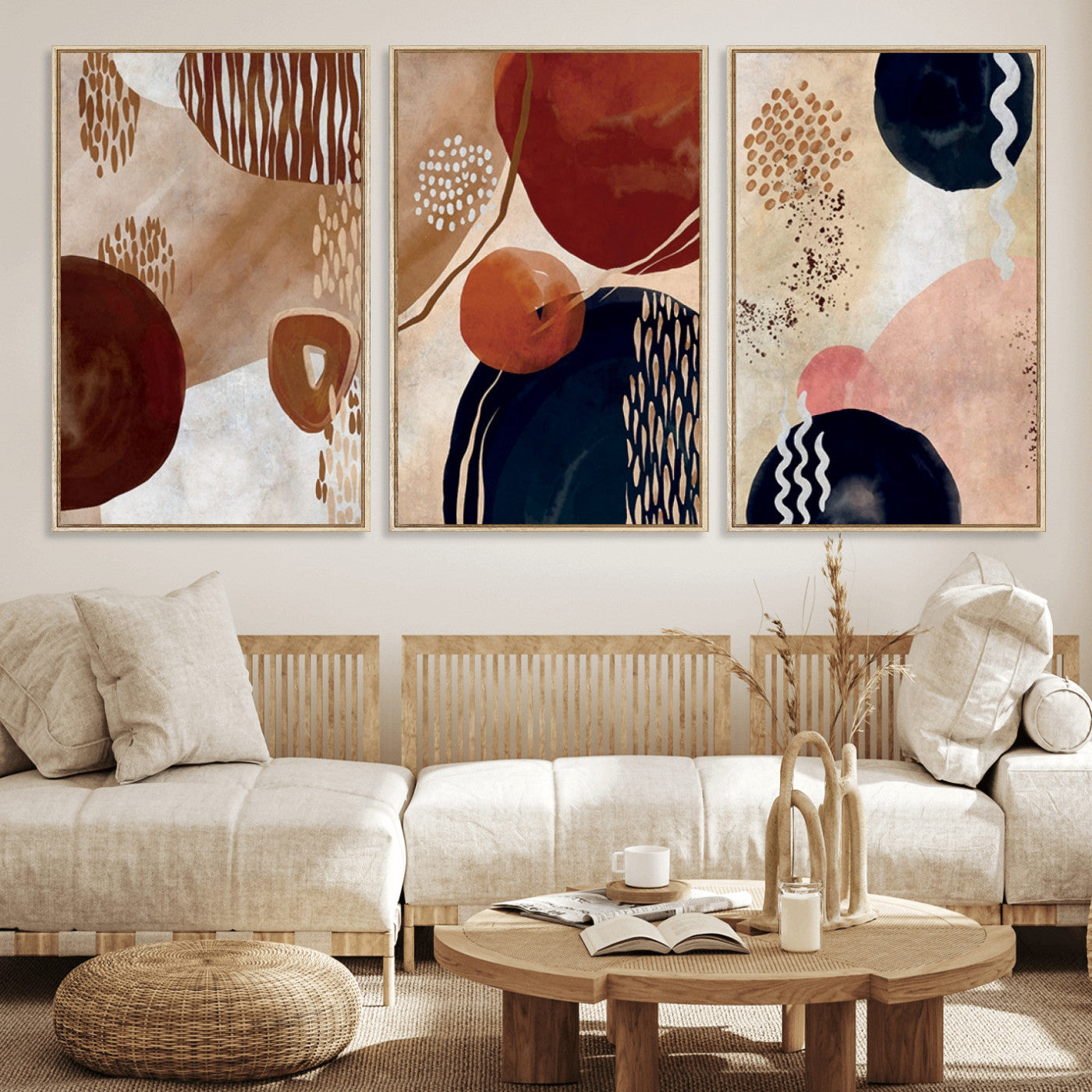 MGV-FC-60X30-3P - Boho Wall Art Canvas Print Set Mid-Century Prints Bohemian Wall Artwork Prints Boho Neutral