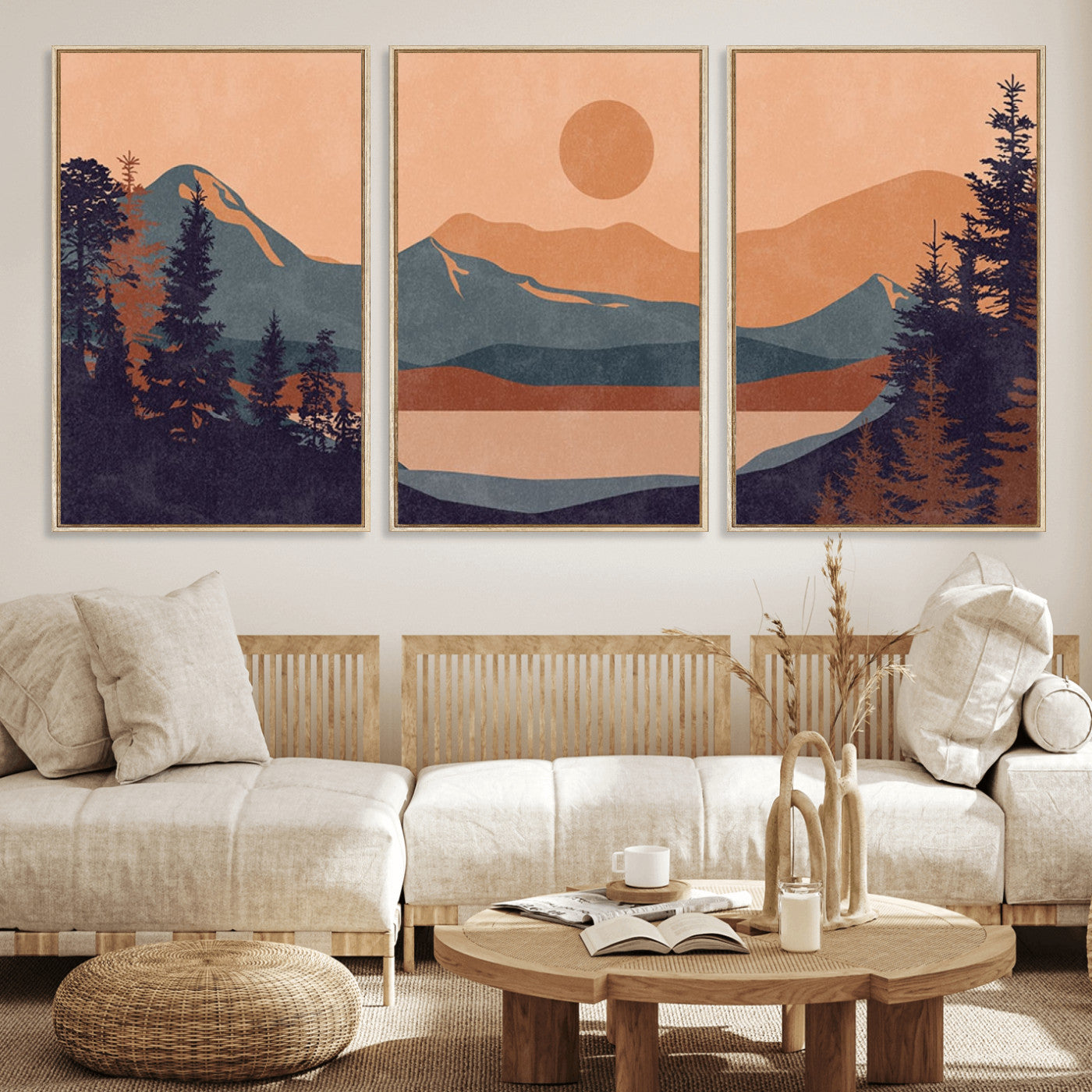 MGV-FC-60X30-3P - Modern Boho Sunset Canvas Print, Mountain Landscape Triptych – Giclée Canvas Art Print for Living
