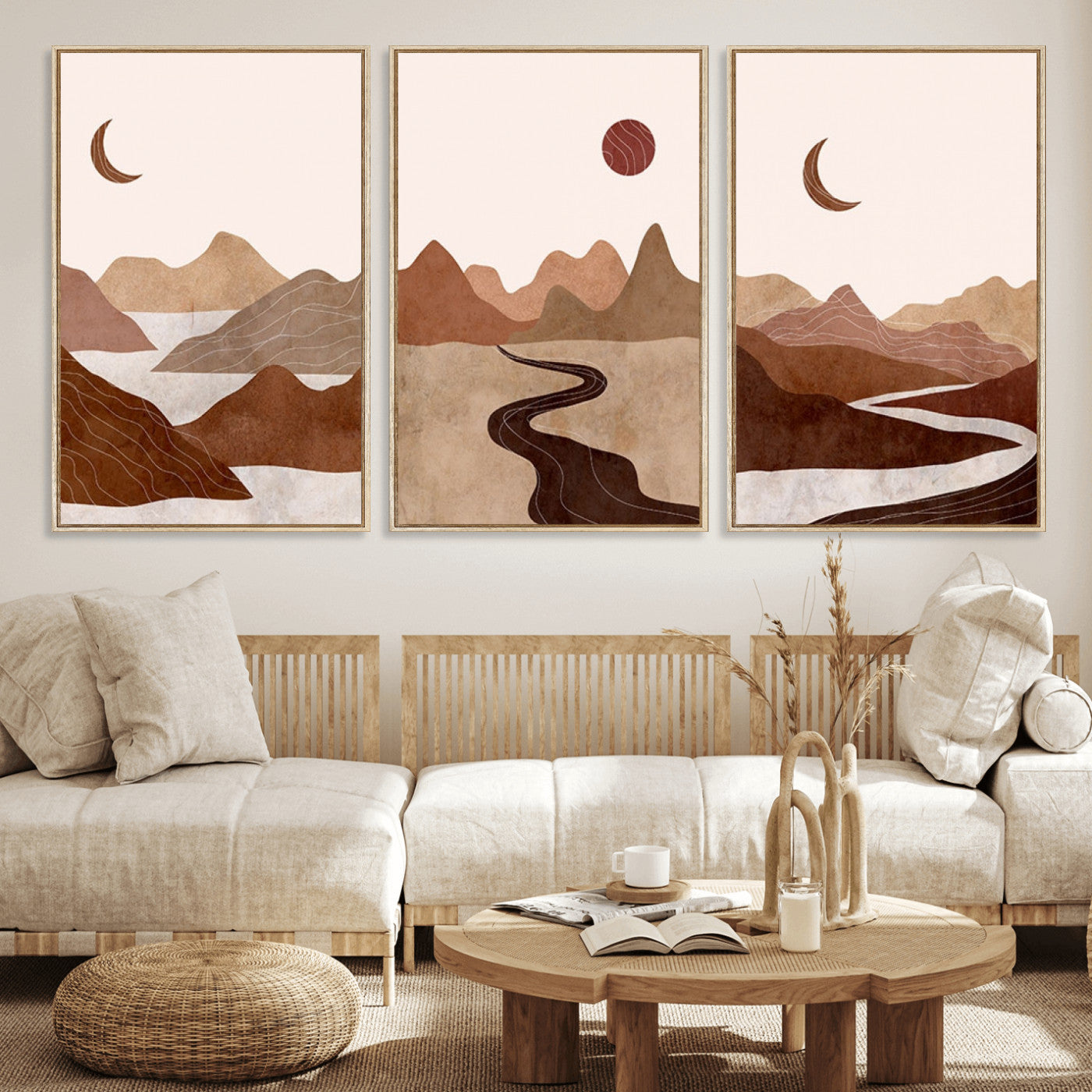 MGV-FC-60X30-3P - Boho Wall Art Canvas Print Set Mid-Century Prints Bohemian Wall Artwork Prints Boho Neutral