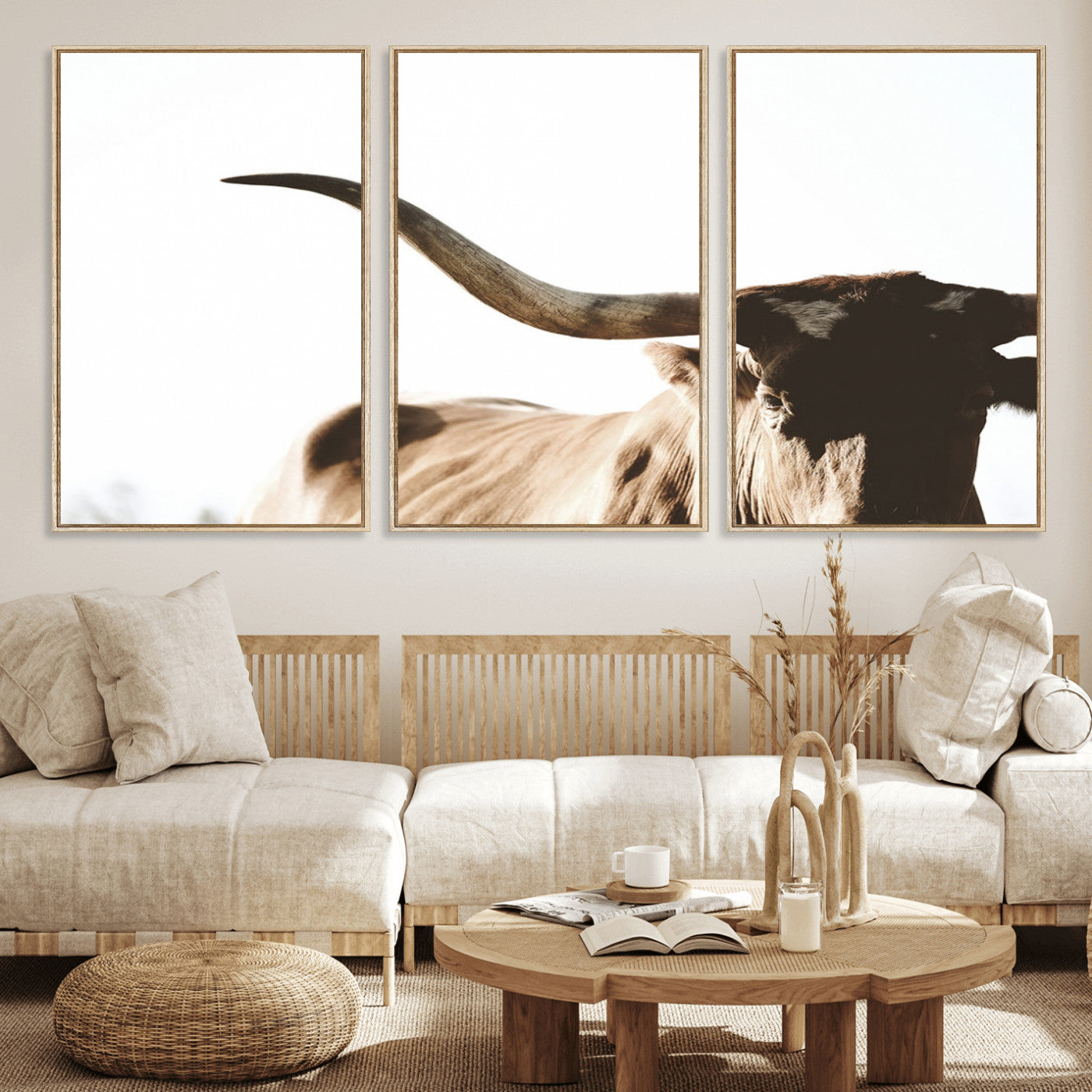 MGV-FC-60X30-3P - Texas Longhorn Wall Art Canvas Print | 3-Panel Large Longhorn Canvas Print for Living Room, Framed Gallery Wrap Office, Rustic Western Cowboy Decor