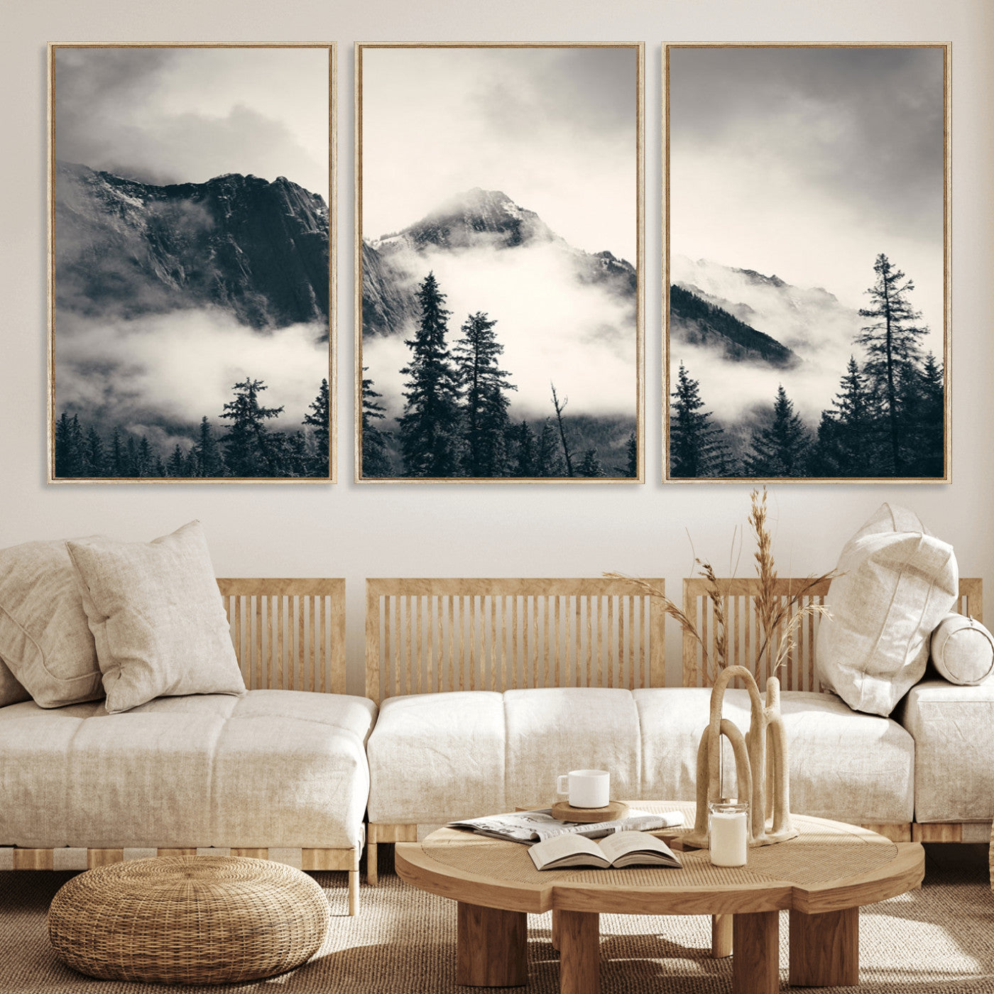 MGV-FC-60X30-3P - Large Foggy Mountain Forest Wall Art Canvas Print | Misty Mountain Peaks and Pine Trees Print | Framed Gallery Wrap | Rustic Nature Farmhouse Decor