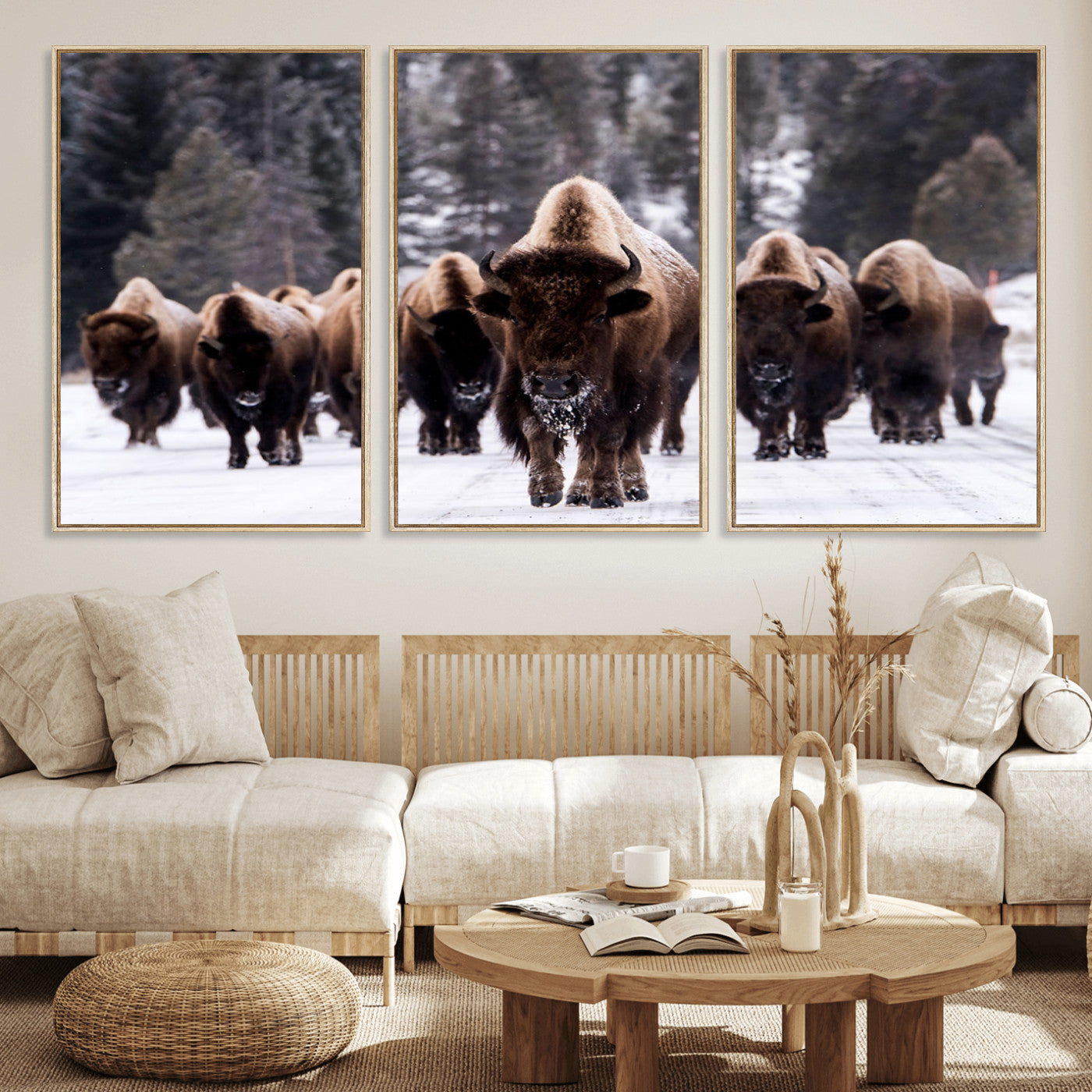 MGV-FC-60X30-3P - Bison Wall Art Canvas Print- Bison Herd Canvas Wall Art – Majestic Wildlife Photography – Framed and Ready to Hang Nature-Inspired Art - Buffalo Wall Art Print