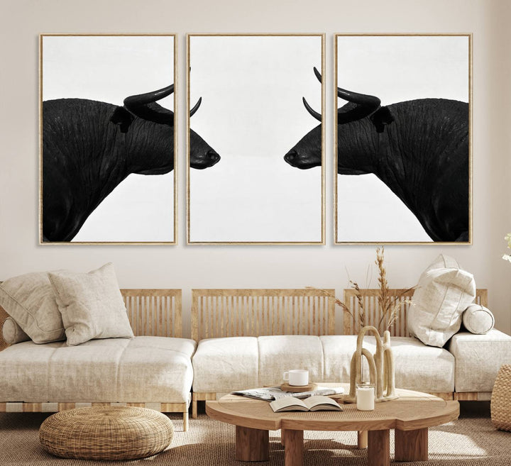 Spanish Bull Wall Art Canvas Print: Two black bull heads facing off on museum-quality canvas.