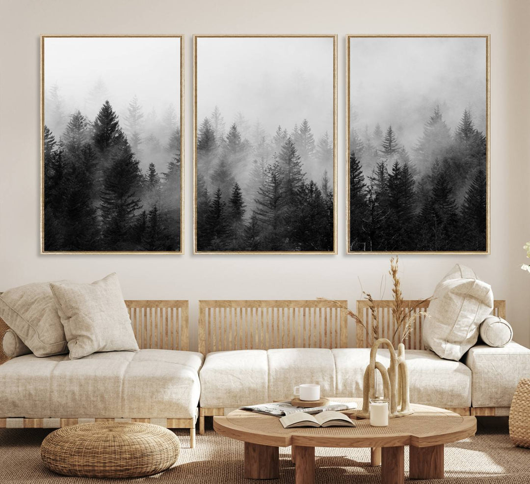 Fogy Forest Canvas Art features misty pines and a mountain landscape.