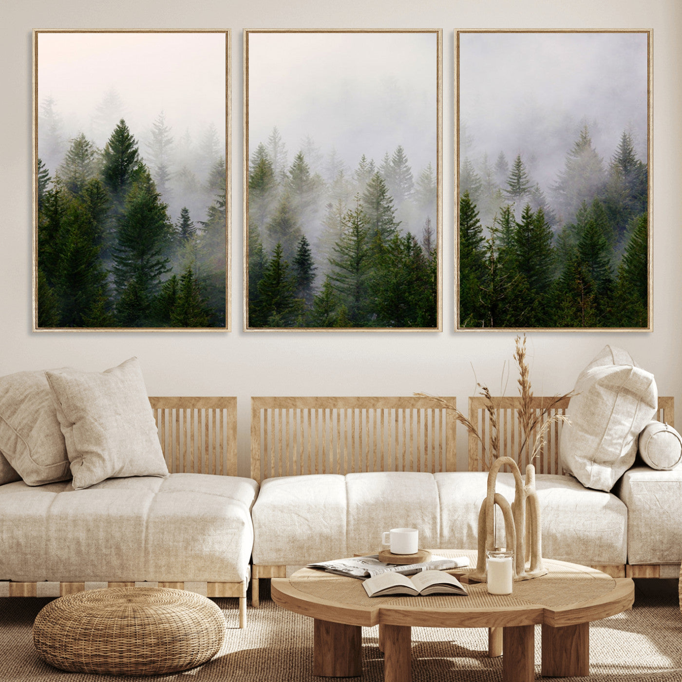 MGV-FC-60X30-3P - Misty Pine Forest Wall Art Canvas Print | 3 Panel Green Woodland Canvas Print for Living Room, Office, or Dining Room | Nature Foggy Forest Decor