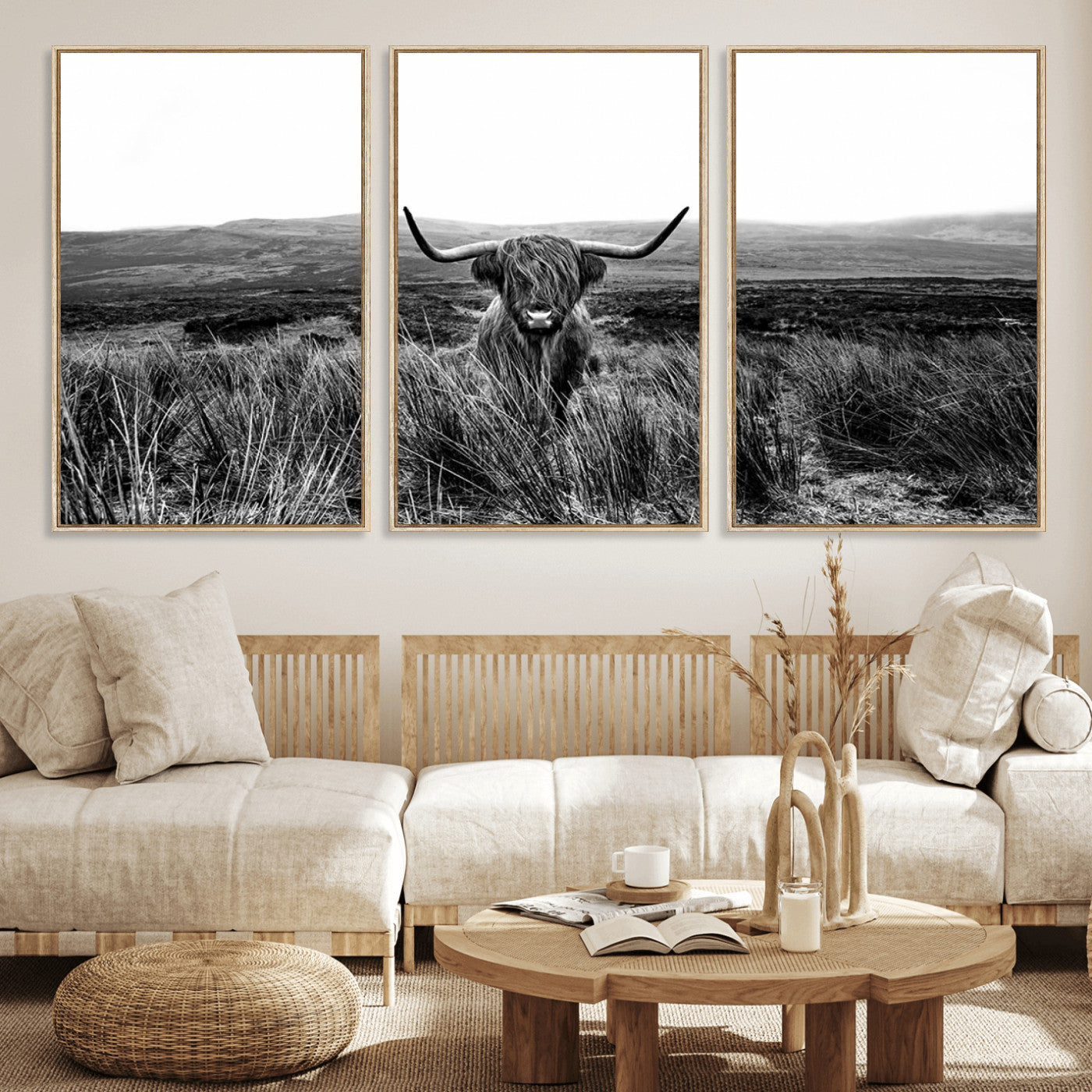 MGV-FC-60X30-3P - Black and White Highland Cow Canvas Wall Art, Longhorn Triptych Western Wall Decor for Cabin -