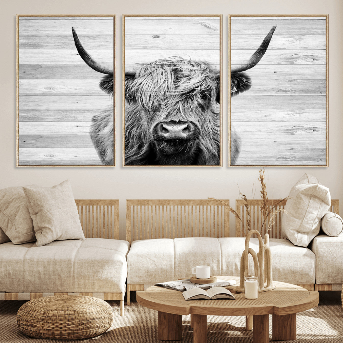 MGV-FC-60X30-3P - Scottish Highland Cow Cattle Art Print on Wood Background Style