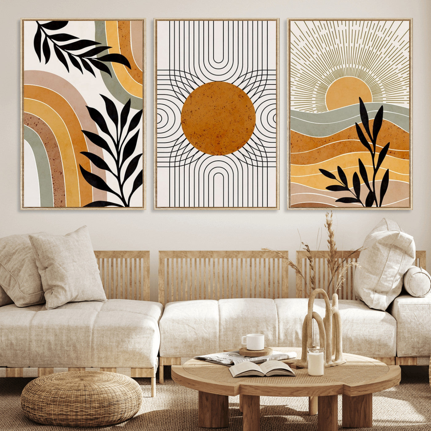 MGV-FC-60X30-3P - Modern Boho Sun and Leaf Abstract Art – 3-Panel Giclée Canvas for Mid-Century Modern or Bohemian Wall Decor