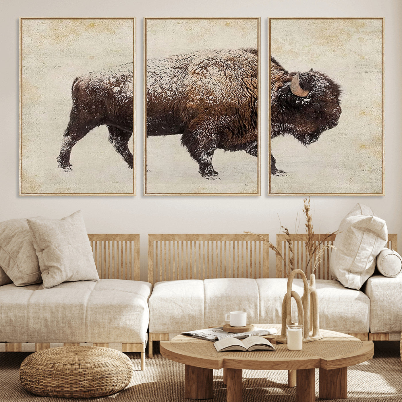 MGV-FC-60X30-3P - Buffalo Wall Art, Western Bison Canvas Print, Rustic Buffalo Art for Cowboy Western Decor, Large Multi-Panel Giclee Canvas for Farmhouse Wall Decor