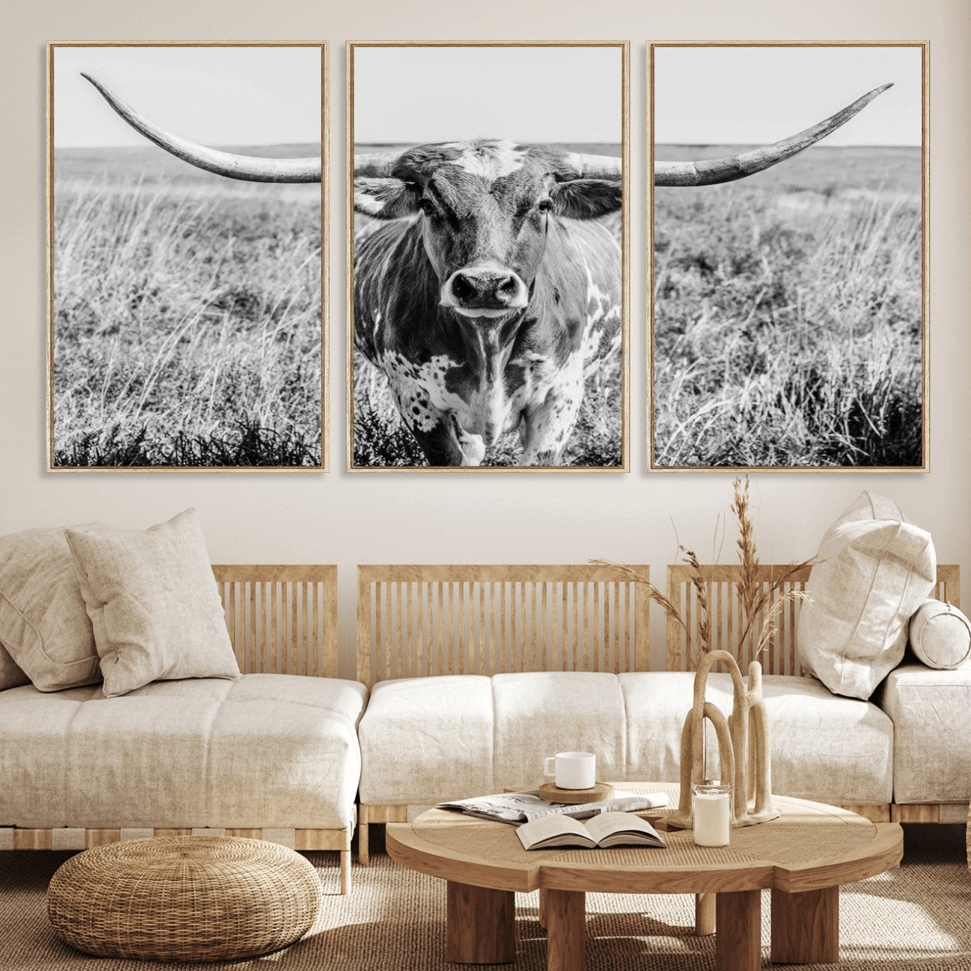 MGV-FC-60X30-3P - Texas Cow Longhorn Wall Art Canvas Print for Farm House Wall Decor, Farmhouse Wall Art Print