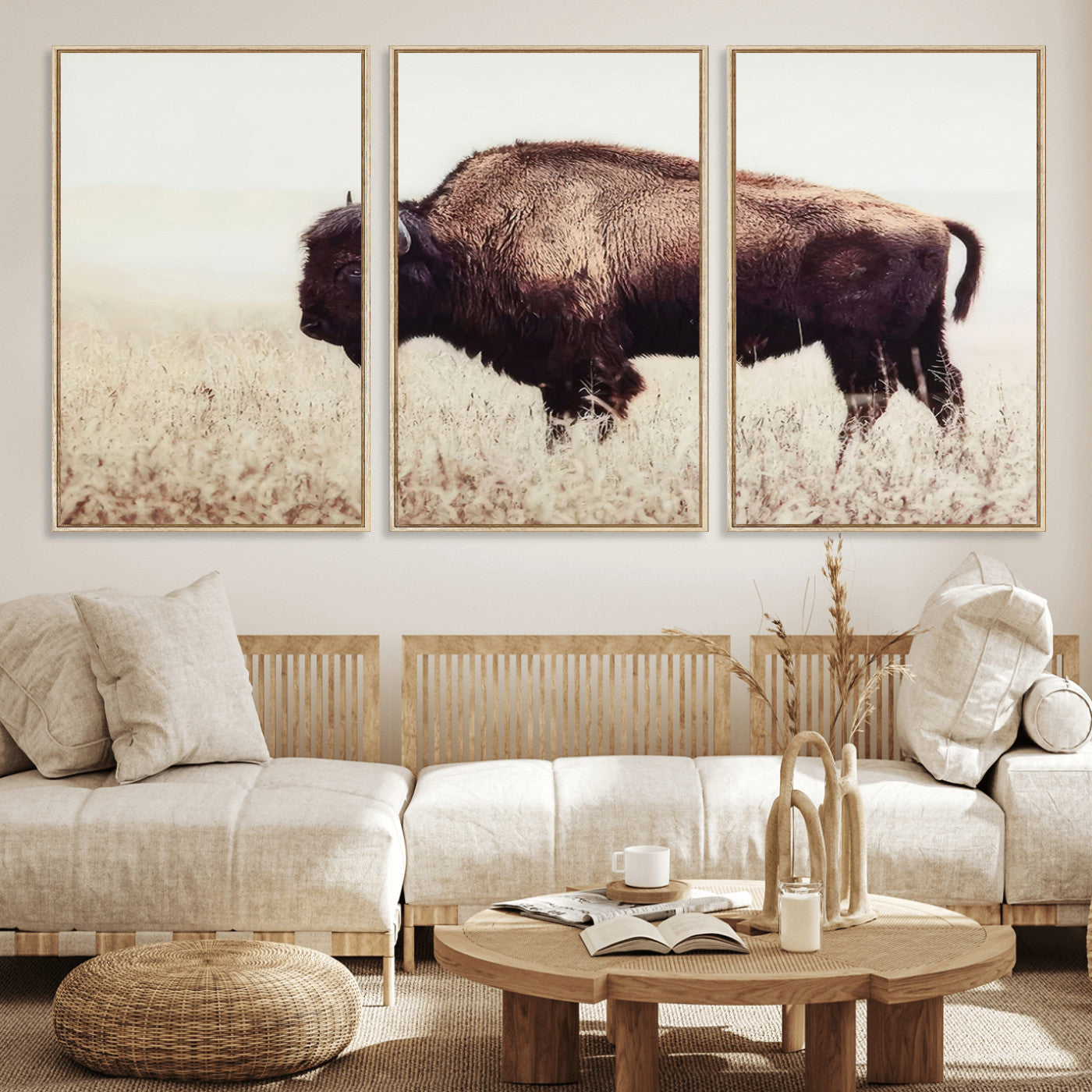 MGV-FC-60X30-3P - Bison in Field Wall Art Canvas Print For Farmhouse Barn Decor