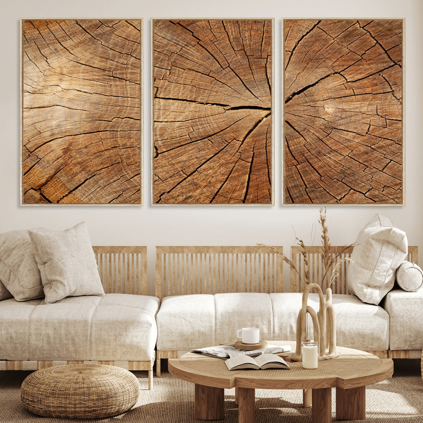 MGV-FC-60X30-3P - Tree Ring Canvas Art, Rustic Wood Grain Wall Art, Tree Slice Decor for Modern Homes, Giclee Multi-Panel Print, Tree Ring Wall Art Set