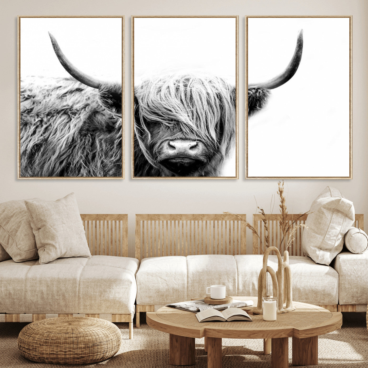 MGV-FC-60X30-3P - Black White Scottish Highland Cow Cattle Art Print Farmhouse Wall Art Canvas Print