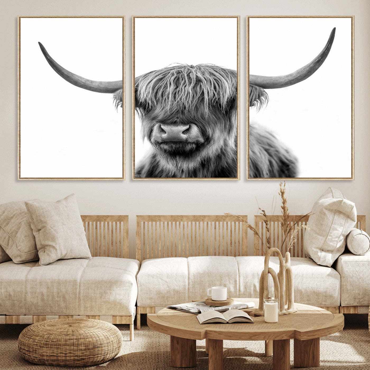 MGV-FC-60X30-3P - Grayscale Scottish Highland Cow Cattle Art Print Farmhouse Wall Art Canvas Print