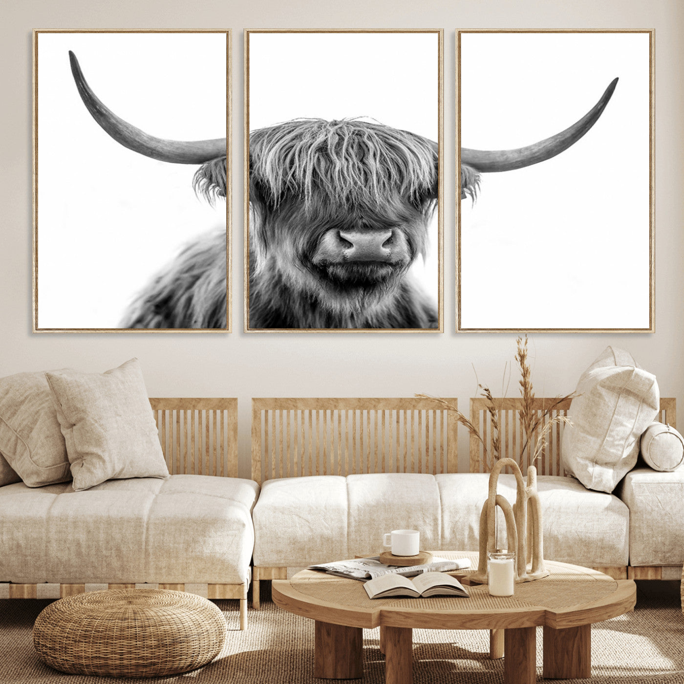 MGV-FC-60X30-3P - Scottish Highland Cow Cattle Art Print Wall Art Canvas Print for Farmhouse Decor, Framed Scottish