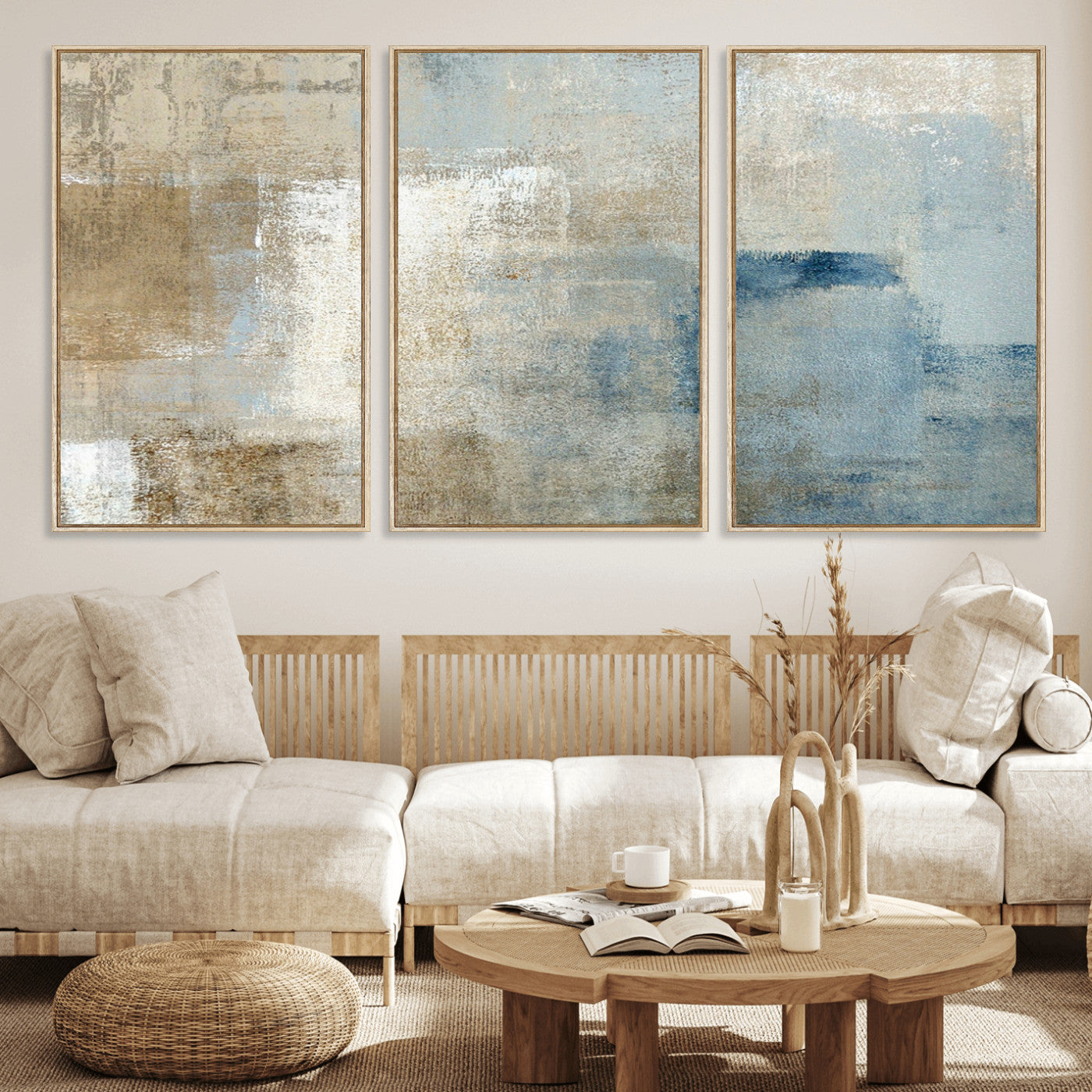 MGV-FC-60X30-3P - Abstract Blue and Beige Wall Art, Modern Minimalist Canvas Print Set, Giclee Textured Art, Large Multi-Panel Artwork for Living Room