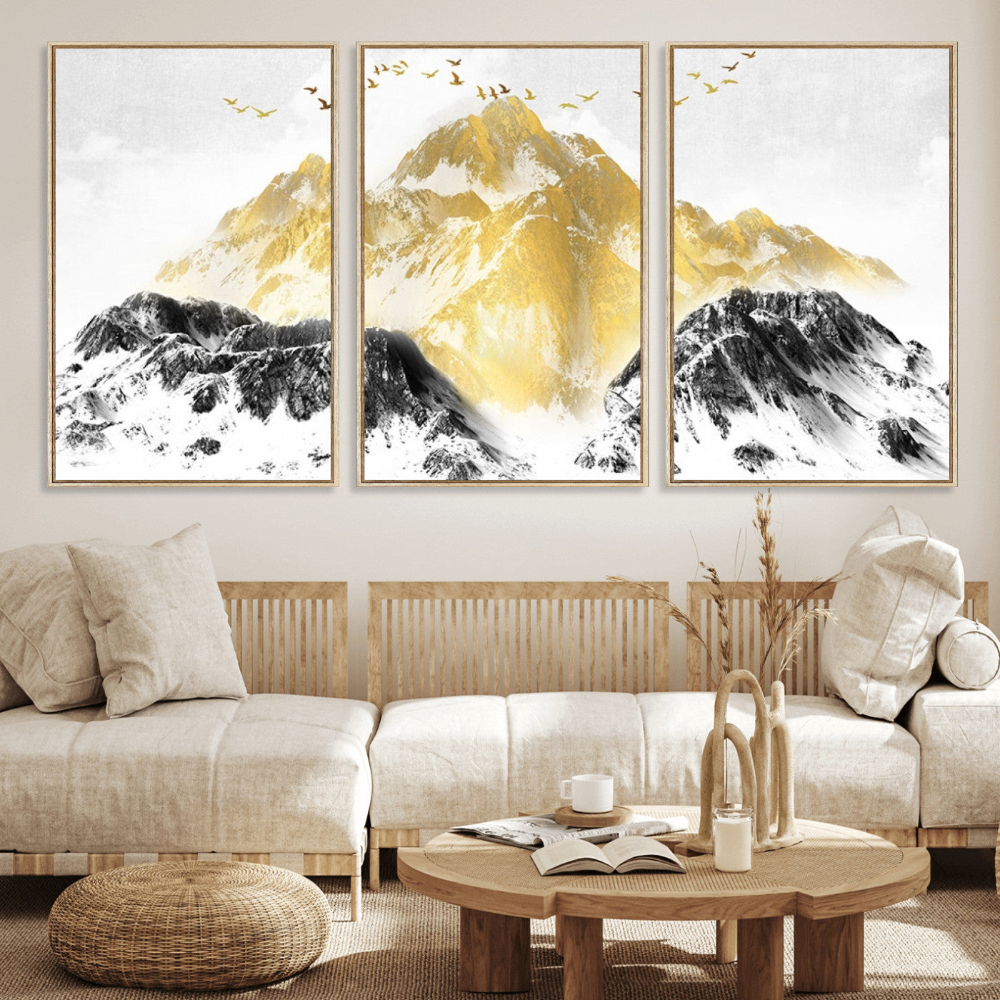 MGV-FC-60X30-3P - Golden Mountain Triptych Wall Art, Modern Giclee Canvas Print, Nature Landscape Decor for Living Room, Contemporary Gold and Black Wall Art