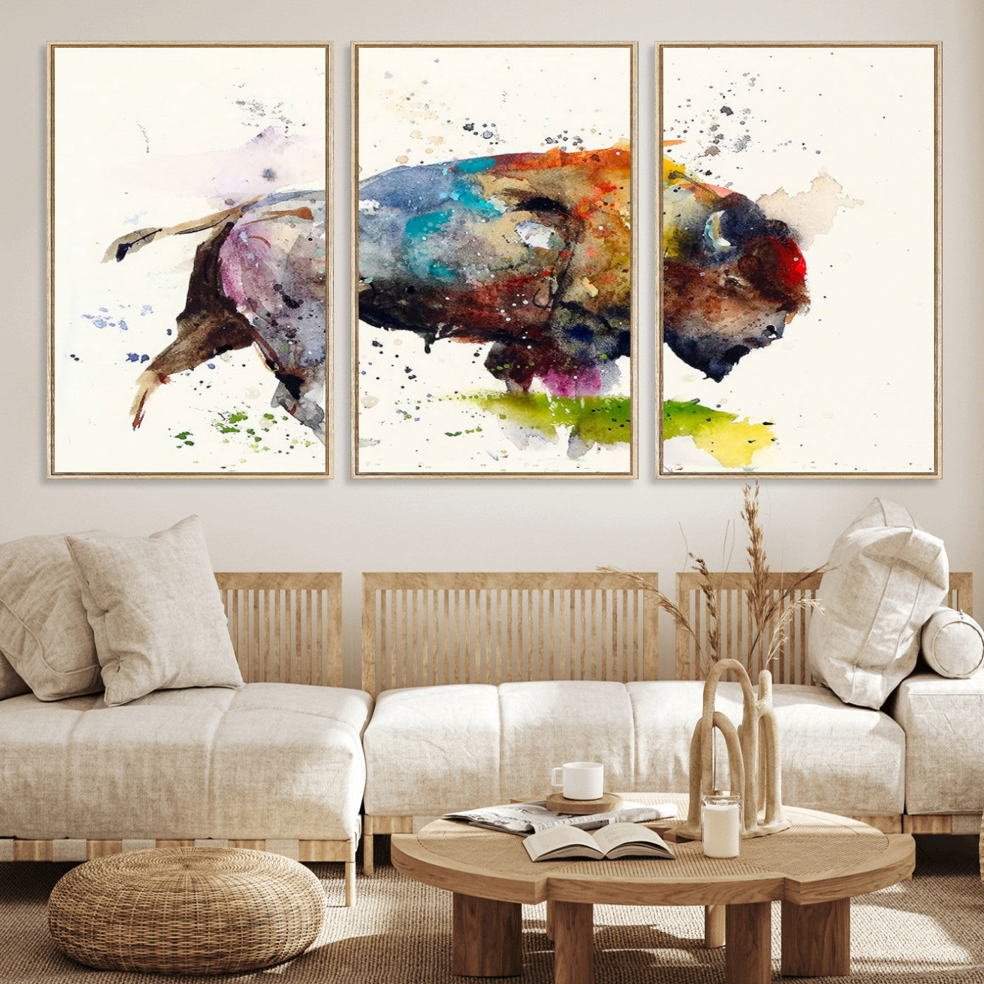 MGV-FC-60X30-3P - Abstract Buffalo Wall Art, Western Watercolor Bison Canvas Print, Rustic Buffalo Art for Cowboy and Western Decor, Large Multi-Panel Giclee Canvas