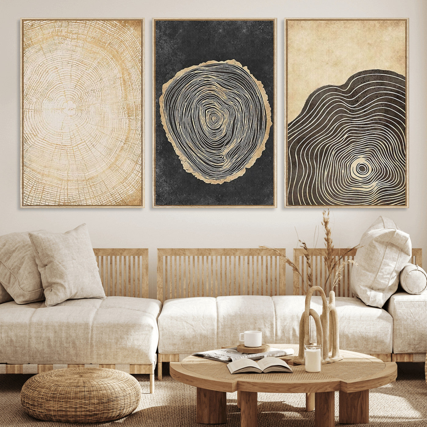MGV-FC-60X30-3P - Tree Rings Canvas Wall Art Print – Minimalist Natural History in Modern Decor - Minimalist Boho Wall