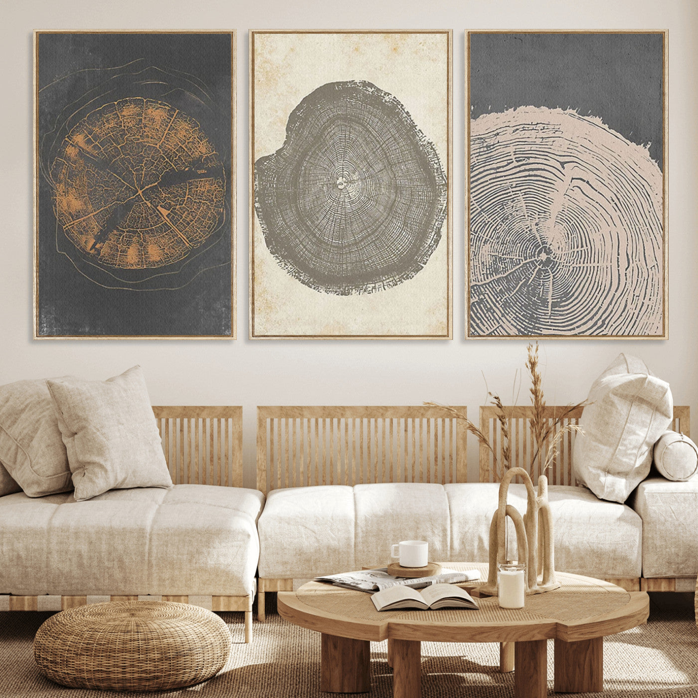MGV-FC-60X30-3P - Boho Tree Ring Wall Art, Modern Minimalist Wood Grain Canvas, Tree Slice for Rustic Decor, Farmhouse Decor Giclee Canvas Print, Tree Ring Canvas Set