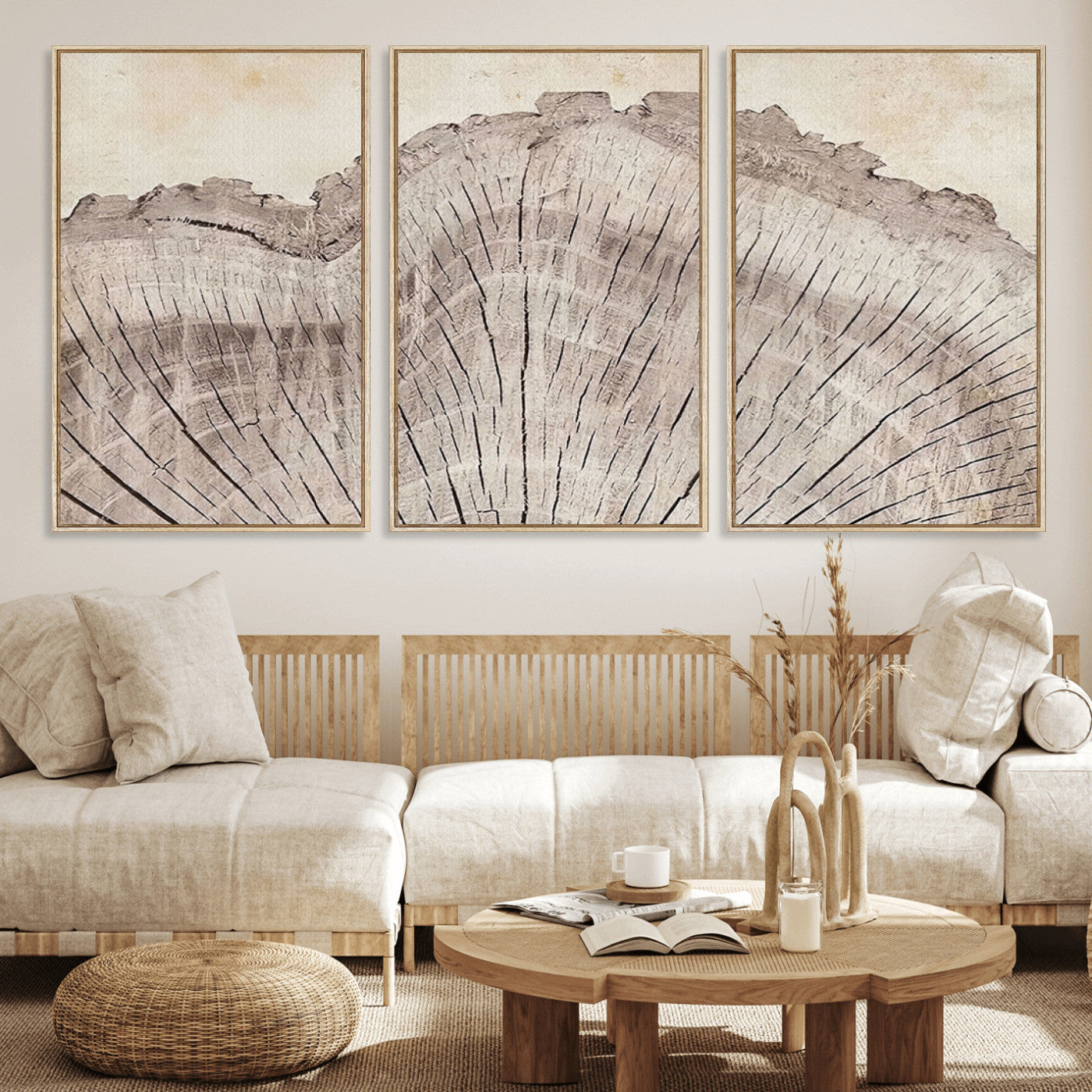 MGV-FC-60X30-3P - Tree Ring Wall Art Triptych, Rustic Wood Ring Canvas Print, Minimalist Wall Decor for Modern Homes and Farmhouse Decor
