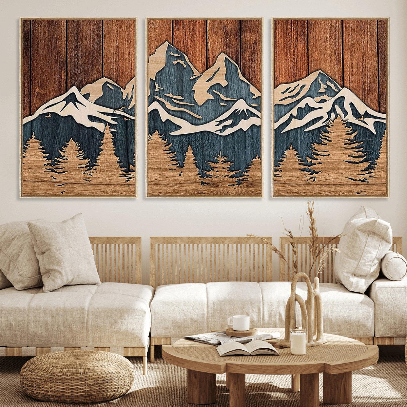 MGV-FC-60X30-3P - Rustic Wood Style Mountain Wall Art, Nature Forest Canvas Print, Wooden Textured Mountain Artwork, Handcrafted Landscape Decor for Farmhouse Decor