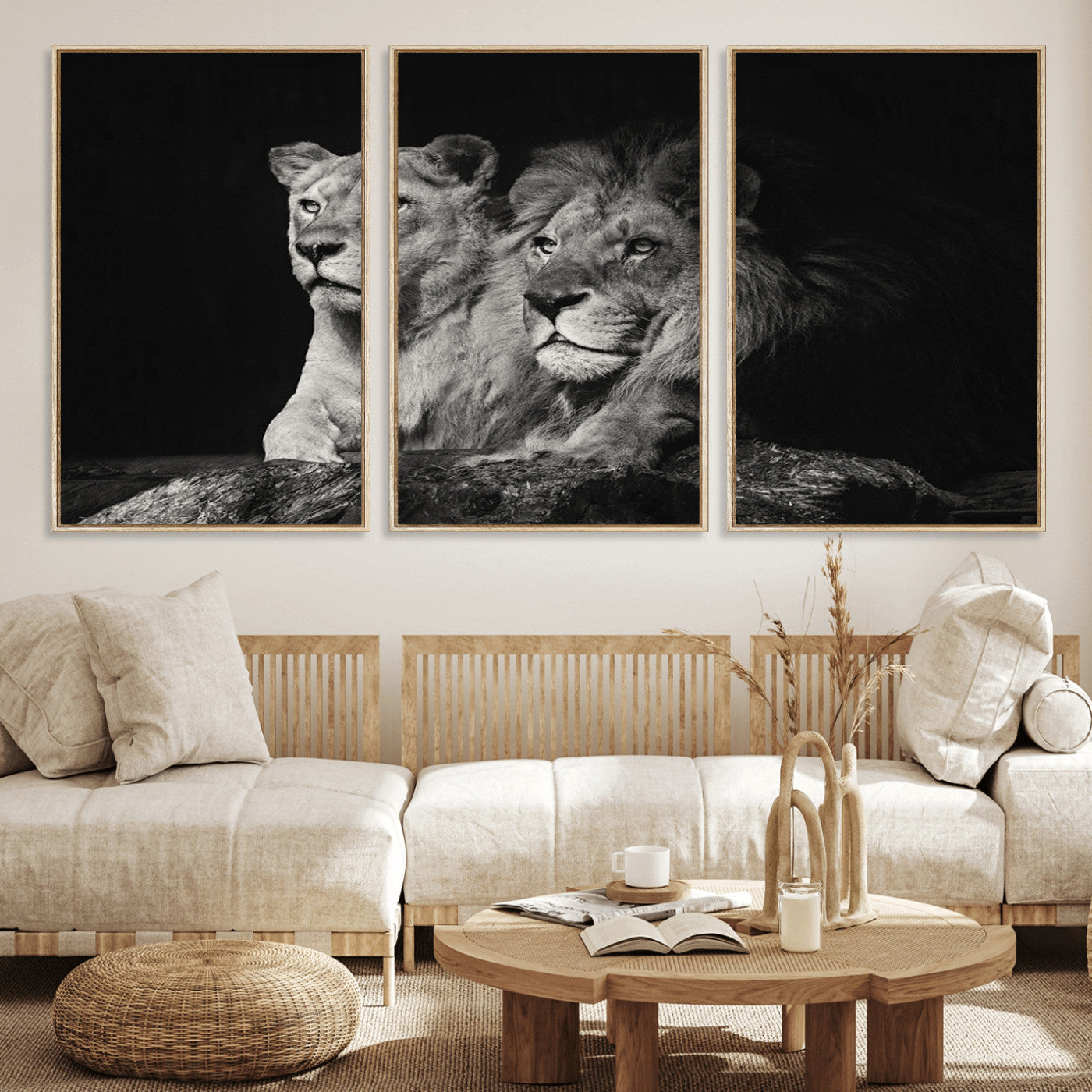 MGV-FC-60X30-3P - Lion Couple Canvas Wall Art Print – Elegant Wildlife Portrait in Black and White Lion Family – Ready to Hang